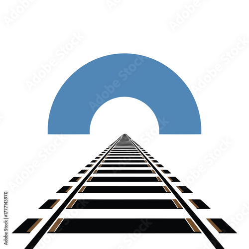 Perspective view of train tracks leading towards a blue semicircle against a