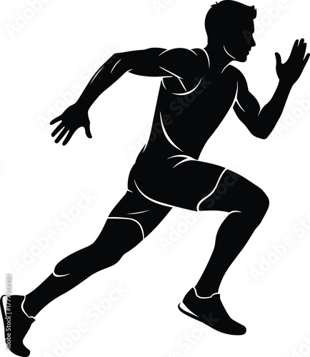 Running silhouette, athletic pose, fitness icon, sports motion, sprint action, muscular runner, black and white, flat vector illustration