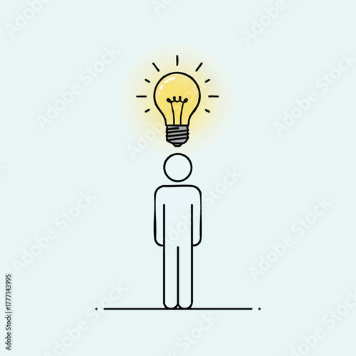 A minimalist illustration shows a person with a glowing lightbulb above their head, symbolizing an idea or creative thought process.
