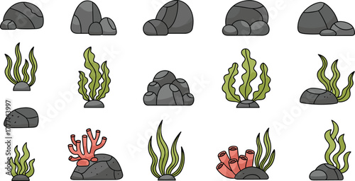 Underwater elements, seaweed, coral reef, ocean rocks, marine plants, aquatic design, cartoon sea life, nature icons, flat vector illustration