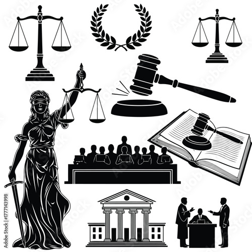Collection of legal and justice symbols including scales of justice, gavel, courthouse, and lady justice