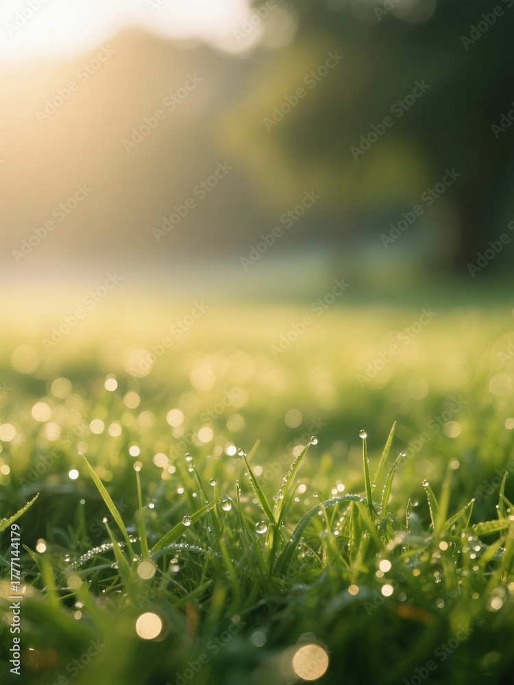 Naklejka premium Glistening Grass with Dewdrops in Sunlight