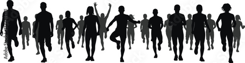 Running crowd silhouette, group of people in motion, fitness and unity concept, flat vector illustration, active lifestyle design