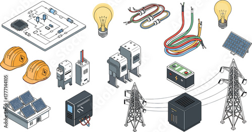 Electrical system components, cartoon power grid elements, energy generation and distribution, flat vector illustration, engineering tools and devices