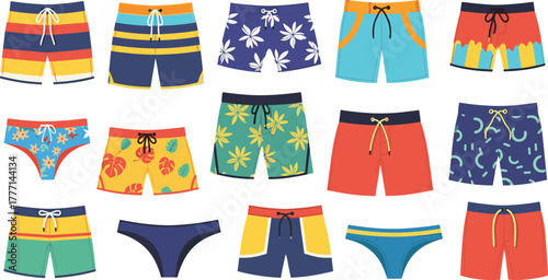 Swimwear bottom collection, cartoon beach shorts, bikini and trunks styles, summer fashion design, flat vector illustration, poolside outfit variety