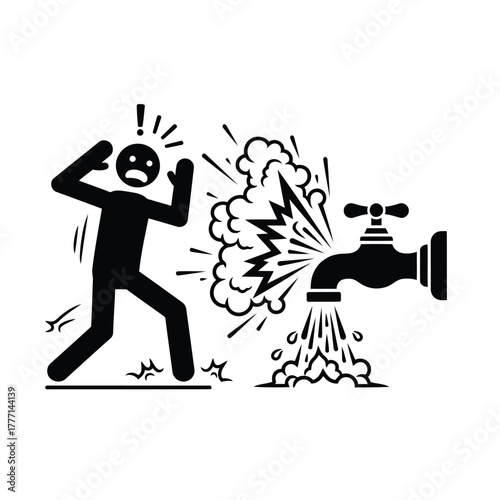 Surprised stick figure man recoiling from a powerful burst of water from a faucet