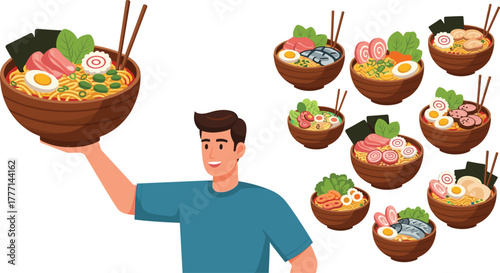 Ramen bowl variety, cartoon noodle dishes, Japanese food illustration, smiling person holding ramen, flat vector illustration, culinary culture design
