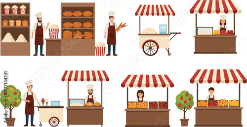 Market stalls, food vendors, bakery stand, fruit cart, ice cream seller, fresh produce, street market, flat vector illustration
