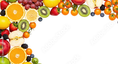 Assorted fresh fruits frame isolated on transparent background, healthy eating