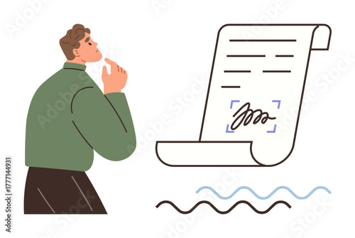Thoughtful man analyzing signed document scroll with highlighted signature and decorative elements. Ideal for decision-making, legal processes, negotiation, contract review, paperwork, business