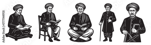 Black silhouette vector illustration of Mahatma Jyotiba Phule in traditional attire, reading, teaching, and standing poses, symbol of education and reform