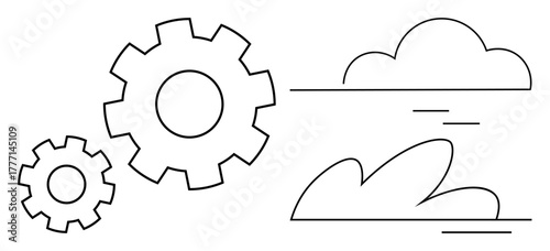 Two interlocking gears symbolizing industry and productivity paired with clouds for nature and balance. Ideal for technology, innovation, environment, sustainability, mechanics, creativity, progress