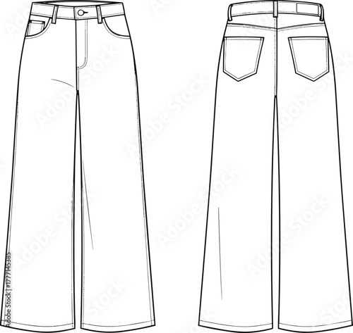 Women's wide leg jeans technical flat sketch, fashion CAD vector illustration with front and back view, denim pants template design