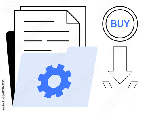 Documents in a folder with a gear, BUY button, download arrow, and box. Ideal for digital tools, e-commerce, file sharing, tech setup, workflow logistics simple flat metaphor