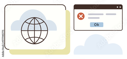 Globe outlined against cloud storage backdrop with browser error pop-up featuring Ok button. Ideal for cloud service issues, data management, global network, internet error, security, software bug