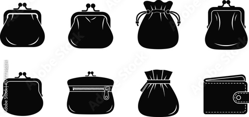 coin purse wallet silhouettes vector money pouch clasp zipper accessories editable illustration for finance fashion design