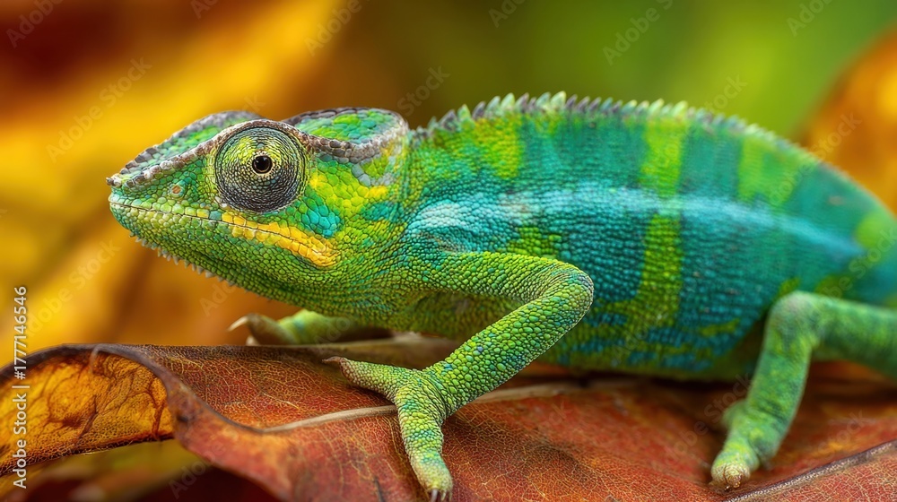Fototapeta premium A bright lizard enjoys the warm sun while perched on fallen leaves showcasing its vivid colors.