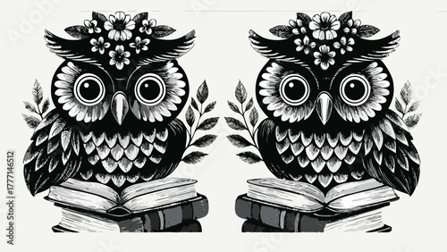 Elegant owls with floral crowns perched on books, a whimsical and scholarly design, originally vector graphics