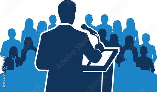 public speaking podium silhouette speaker addressing audience leadership conference vector illustration for seminar presentation design