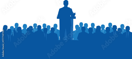 public speaking podium speaker silhouette addressing audience leadership conference vector illustration for seminar presentation  speaking podium speaker silhouette addressing audience  