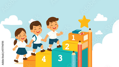 Happy school kids climbing steps to success – Education growth and achievement concept illustration