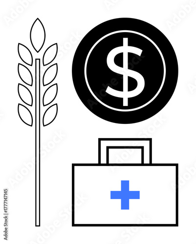Vertical wheat stalk, healthcare kit with blue cross, and black coin with dollar represent food, medical aid, and finance. Ideal for economy, agriculture, healthcare, sustainability poverty