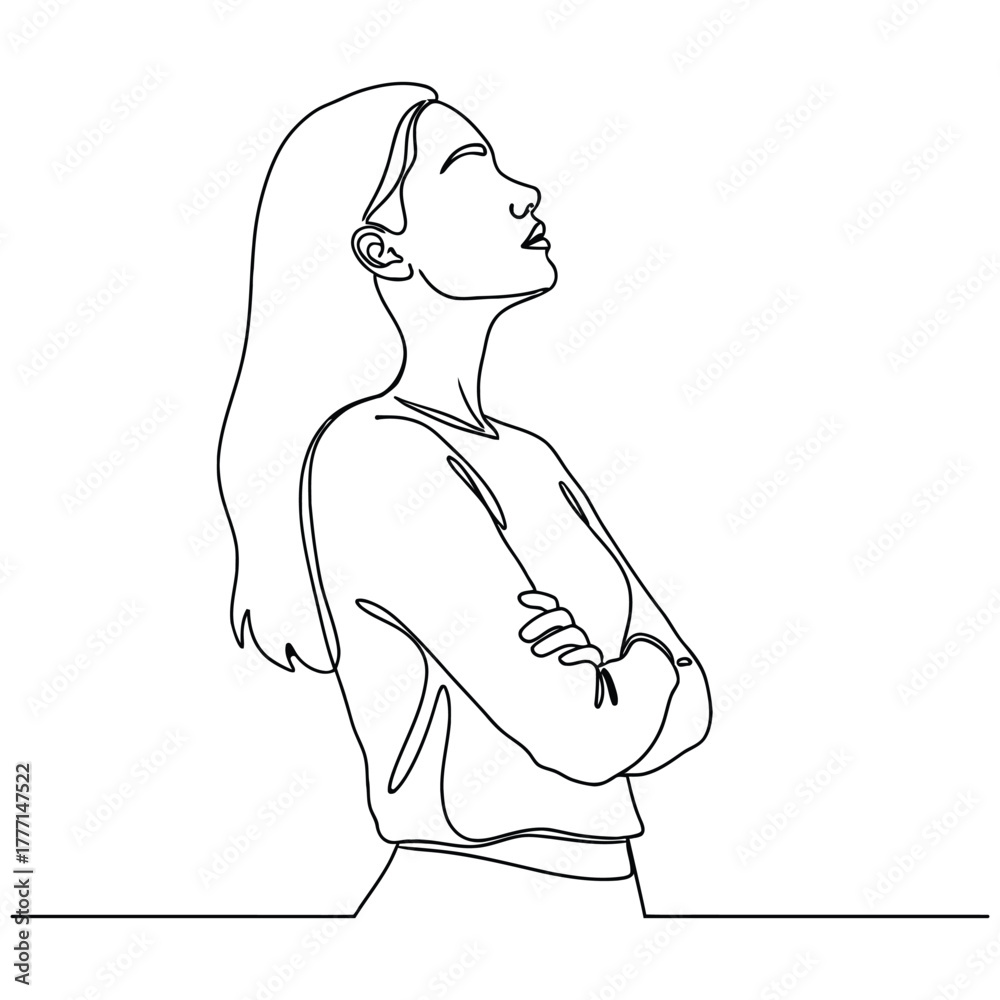 Fototapeta premium Minimalist line drawing of a confident woman looking upwards with arms crossed