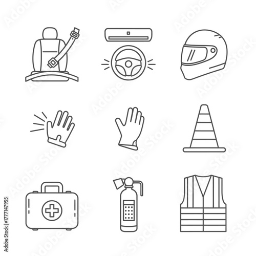 A collection of thin line icons representing essential automotive safety gear, driver accessories, and emergency road equipment for vehicles