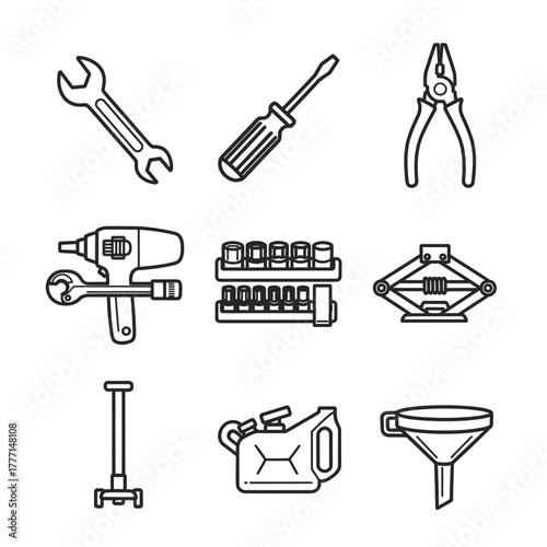A collection of essential line icons for automotive repair, illustrating a complete toolkit for vehicle maintenance and garage service
