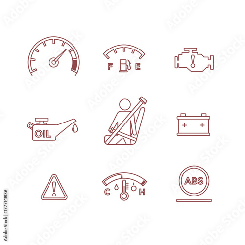 Set of Car Dashboard Warning Icons Fuel, Oil, Battery, Engine, and More, Vector Illustration
