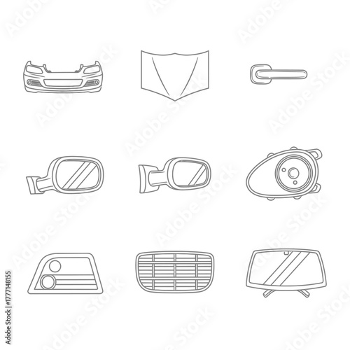 Automotive Parts Icon Set Grilles, Headlights, Mirrors, and More for Vehicle Design
