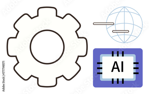 Gear symbolizing industry, AI chip for artificial intelligence, and globe for global networking. Ideal for automation, innovation, machine learning, connectivity, robotics, engineering and tech