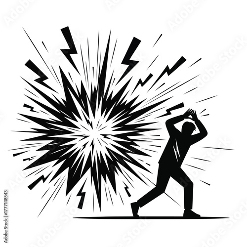 Silhouette of a man shielding himself from a large explosion or burst of energy