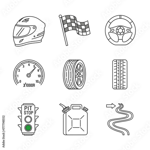 Collection of linear icons representing auto racing and motorsport elements like a helmet, checkered flag, and race track