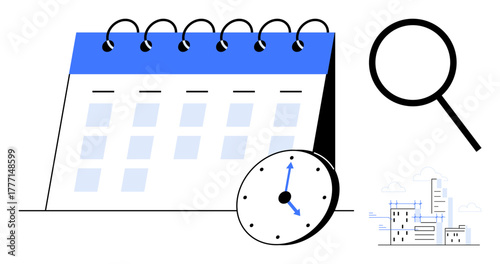 Spiral calendar, clock showing time, magnifying glass symbolizing focus, and cityscape evoke themes of scheduling, time management, organization, efficiency, productivity business and focus. Simple