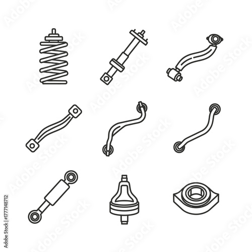 Monochrome line icon set illustrating various automobile suspension parts like springs, struts, and stabilizer links for car service