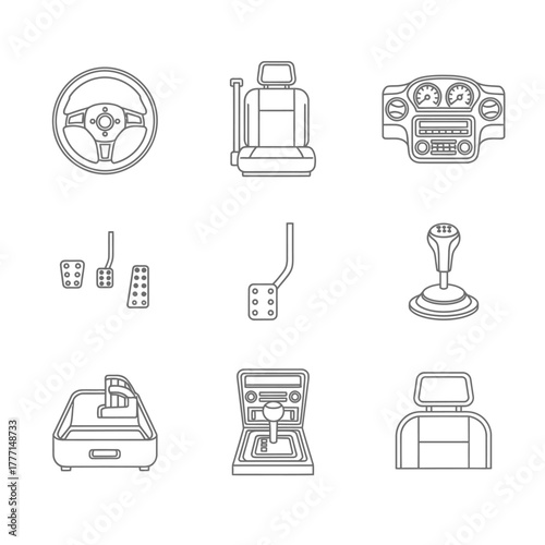 Collection of car interior elements and controls icons including steering wheel, pedals, gear shift, and dashboard elements