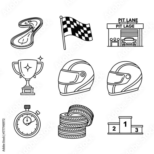 A comprehensive set of monochrome line art icons representing motorsports, including a race track, checkered flag, helmet, trophy, and podium for a winning concept