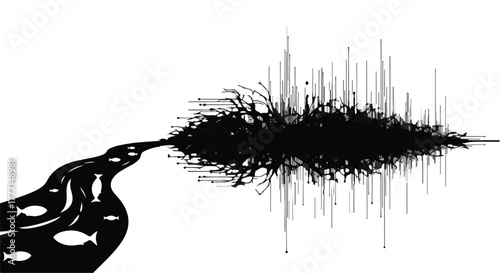 Abstract depiction of pollution flowing into a river with silhouetted fish.