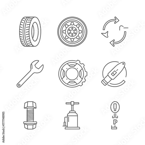 A collection of linear icons representing automotive repair services and vehicle parts, including tire, wrench, and wheel symbols