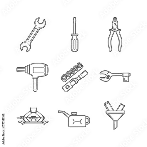 Car service and auto repair tool icon set. A line art collection representing the concept of vehicle maintenance and garage equipment