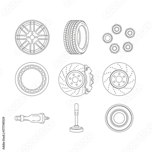 Monochrome outline icons set of automobile spare parts, including wheel, brake system, and transmission elements for technical schematics