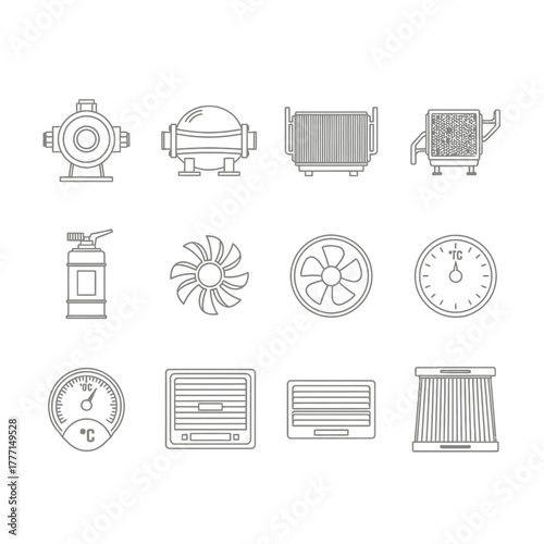 Collection of various industrial and mechanical equipment line art icons, perfect for technical illustrations and presentations