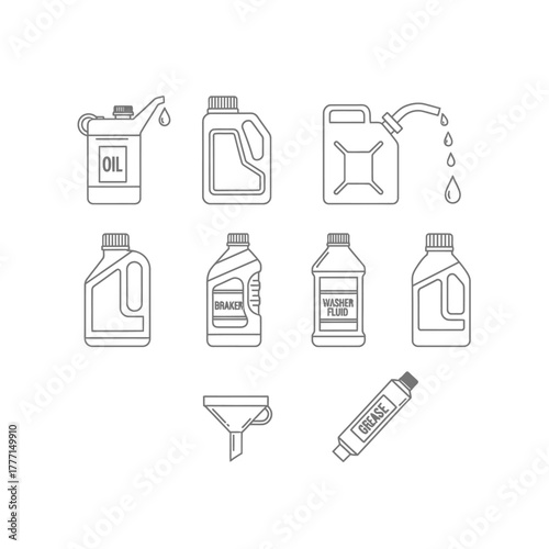Outline icon set of automotive fluids. Includes engine oil, lubricants, washer fluid, grease, and antifreeze in containers for vehicle maintenance