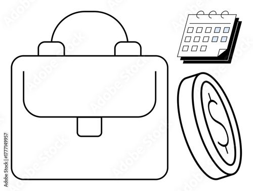 Briefcase, calendar, and coin highlight scheduling, investment, and career themes. Ideal for business, finance, management planning organization budgeting productivity. Simple flat metaphor