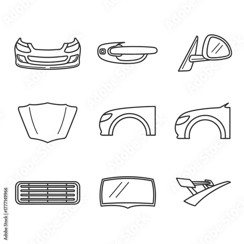Thin line icons of car body parts for auto repair service. Vector illustration of vehicle exterior components like bumper, fender, and hood