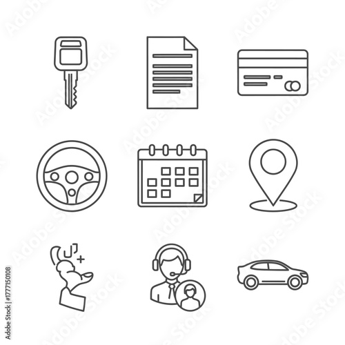 A collection of icons representing car rental services, including key, document, credit card, steering wheel, calendar, location, customer support, and a car