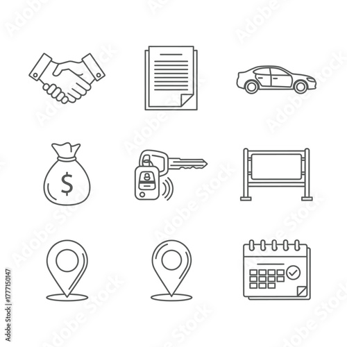 Line icon set for business transactions agreements, documents, vehicles, money, car keys, billboards, location, and scheduling