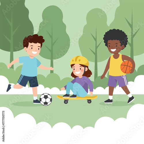 Happy kids playing outdoors with ball, skateboard, and basketball