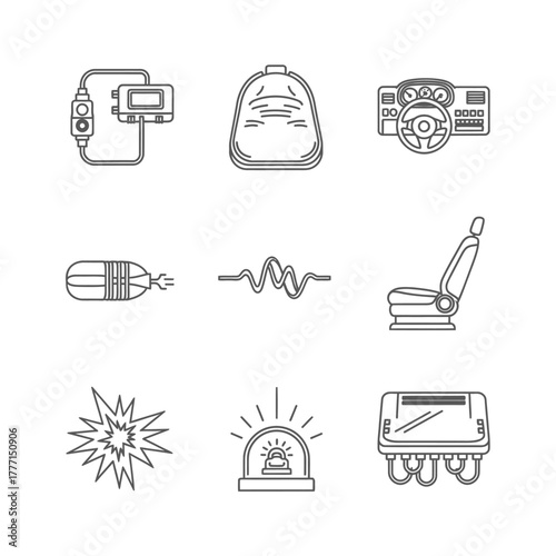 Car Safety Icons Set Airbag, Seat, Alarm, and System Safety Features